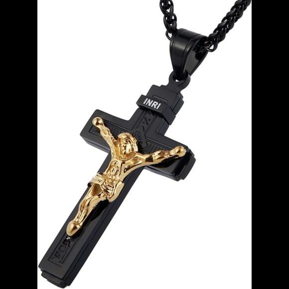 Catholic Jesus Christ on INRI,  Cross Crucifix Gold Silver, Pendant Necklace 22" - Picture 2 of 4